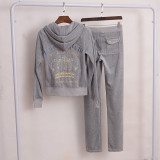 Oversized women's crown slim fit set, gold silk velvet sport two-piece set