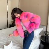Whole skin fox fur spray painted contrasting fur coat for women, short lapel