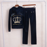 Oversized women's crown slim fit set, gold silk velvet sport two-piece set