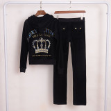 Oversized women's crown slim fit set, gold silk velvet sport two-piece set