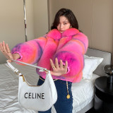 Whole skin fox fur spray painted contrasting fur coat for women, short lapel