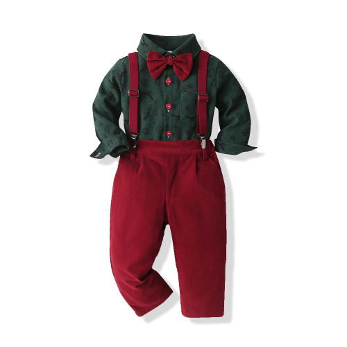 Christmas boys' set snowflake velvet overalls two-piece set