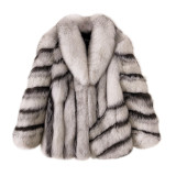 Finland imported whole skin fox fur silver fox contrasting design fur coat for women, medium to long style