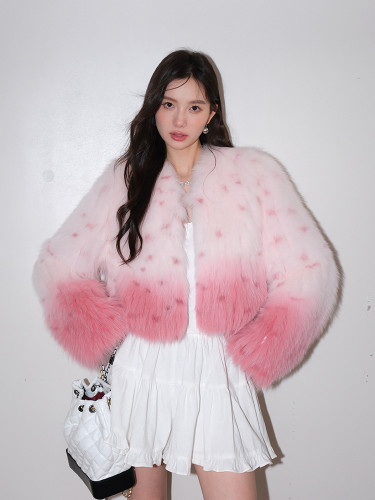Fox fur gradient pink fur coat women's short coat