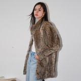 Rabbit fur standing collar fur coat, women's classic leopard print fur coat, medium to long style