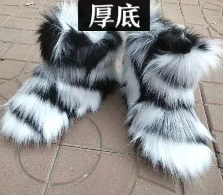 Tie dye inner height increasing snow boots for women, 5cm thick fur boots