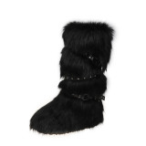 Sexy high top snow boots with cross belt buckle, fur fur fur boots