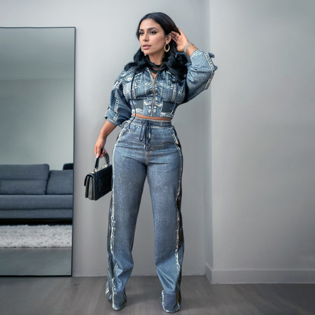 D24ST545 Retro Denim Printed Coat Wide Leg Pants Two Piece Set