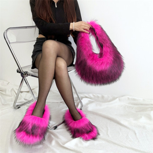 PVC Faux Fur Slides Fox Fur Slippers With Furry Fur Handbags Sets