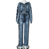 D24ST545 Retro Denim Printed Coat Wide Leg Pants Two Piece Set