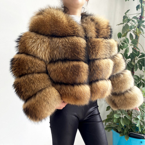 Custom Luxury Natural Raccoon Fur Cropped Jacket Winter Real Fur Coat For Ladies