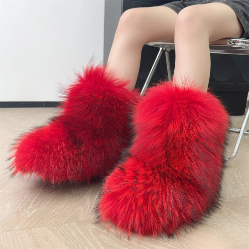 Mid Calf Fluffy Luxury Real Fox And Raccoon Fur Boots  Warm Winter Boots for Women