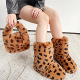 Snow boots women leopard print faux fur boots handbag set