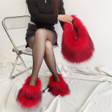 PVC Faux Fur Slides Fox Fur Slippers With Furry Fur Handbags Sets