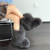 Fox Fur Boots Slip On Flat Heel Rubber Sole Warm Winter Boots for Women