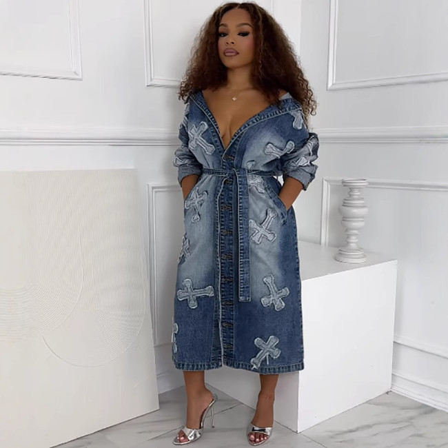 Women's denim jacket with cross embroidery long windbreaker