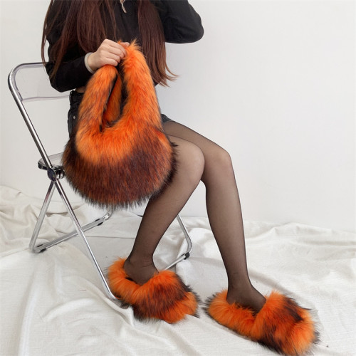 PVC Faux Fur Slides Fox Fur Slippers With Furry Fur Handbags Sets