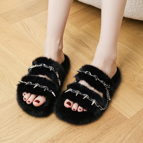 Winter furry slippers for external wear, anti slip, furry fur imitation mink