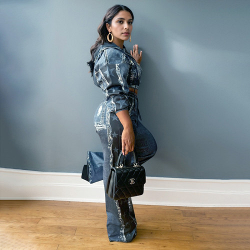 D24ST545 Retro Denim Printed Coat Wide Leg Pants Two Piece Set