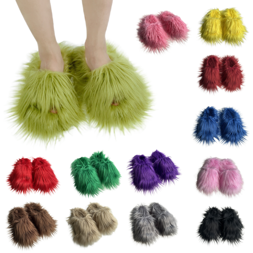 Faux Fur Slippers Plush  Warm  Winter PVC Faux Mongolian Wool  Fur Slides