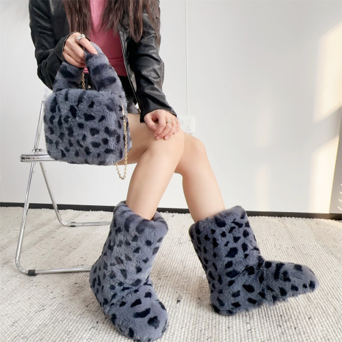 Snow boots women leopard print faux fur boots handbag set
