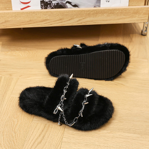 Winter furry slippers for external wear, anti slip, furry fur imitation mink