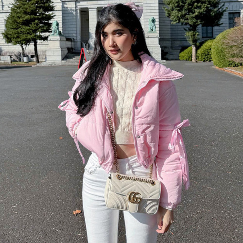 Q24TP494 Fashionable Girl Pink Bow Strap Cotton Jacket