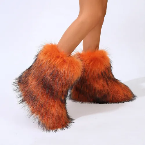 Autumn and winter snow boots imitating fur, long hair, cotton boots
