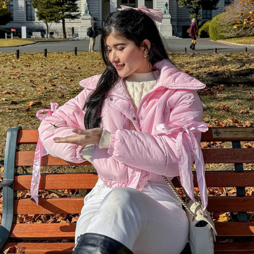 Q24TP494 Fashionable Girl Pink Bow Strap Cotton Jacket