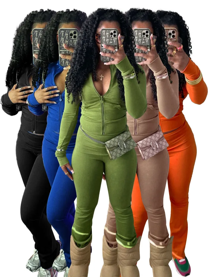 HR24066 Tight Zipper Top Low Waist Micro flared Pants with Velvet Set