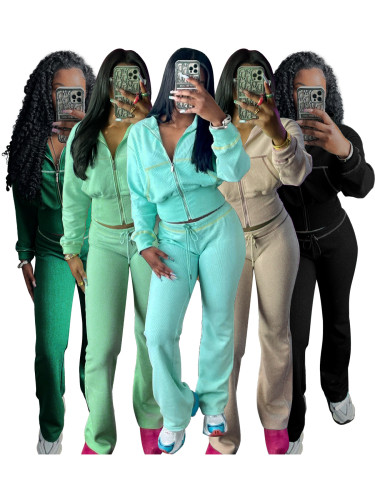 HR24065 European and American casual women's clothing waffle style waist cinched long sleeved set