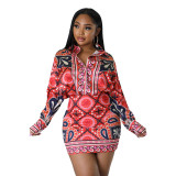 Y2656 casual printed shirt long sleeved sexy hip hugging skirt two-piece set