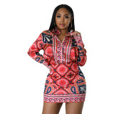 Y2656 casual printed shirt long sleeved sexy hip hugging skirt two-piece set