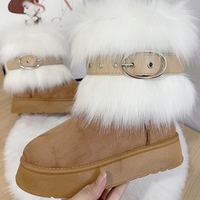Thick soled fur boots imitating fox fur and grass, worn with a midsole snow boot