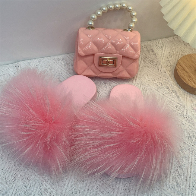 Fox fur children's slippers with children's bag