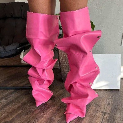High heeled pointed metal rivet denim patchwork boots
