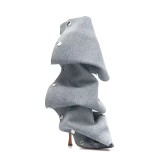 High heeled pointed metal rivet denim patchwork boots