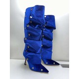 High heeled pointed metal rivet denim patchwork boots