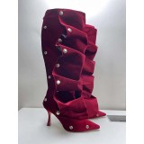 High heeled pointed metal rivet denim patchwork boots