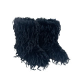Flat heel mid top imitation raccoon fur snow boots