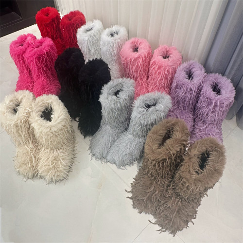 Flat heel mid top imitation raccoon fur snow boots