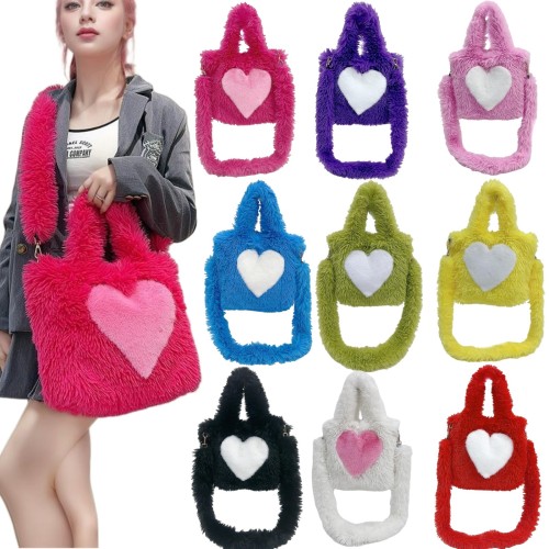 Fur bag women's heart-shaped pattern large capacity plush bags