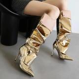 High heeled pointed metal rivet denim patchwork boots