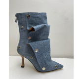 High heeled pointed metal rivet denim patchwork boots