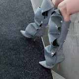 High heeled pointed metal rivet denim patchwork boots