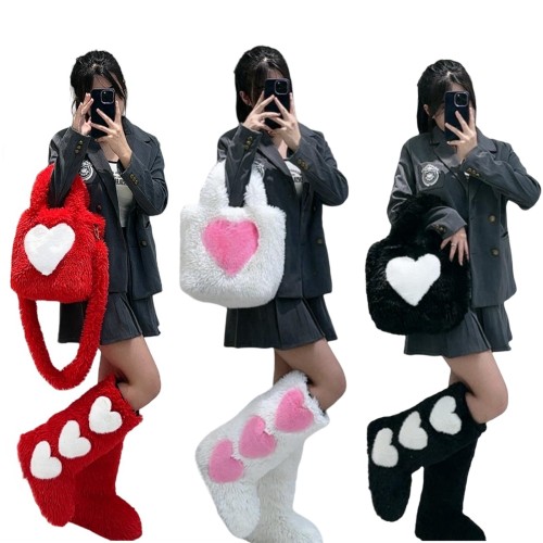 Imitation fur bag paired with heart-shaped fur snow boots sets