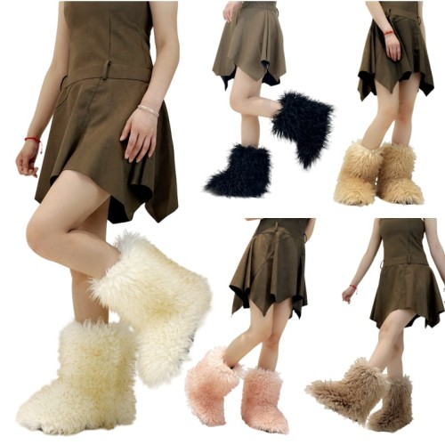 Winter snow boots with long fur and a midsole resembling raccoon fur