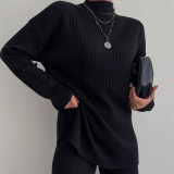 Half high neck knitted sweater wide leg pants two-piece set