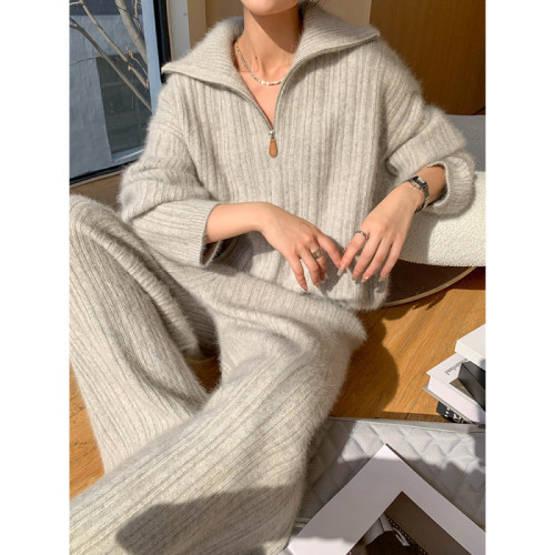 Half zip casual polo collar pullover sweater top wide leg pants two-piece set