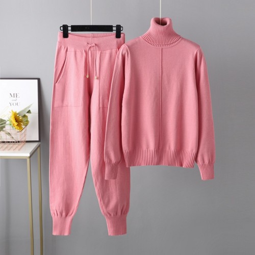 High neck solid color sweater knitted two-piece set